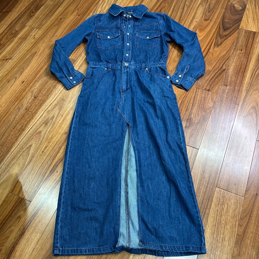Steve Madden Women Blue Denim Maxi Dress Long Sleeve Western Pearl Snap Size 4